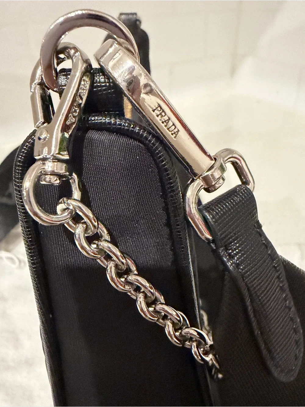Prada Black Nylon Shoulder Bag with Silver Chain & Detachable Strap